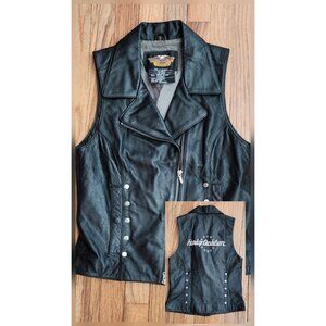 Vintage Harley Davidson Leather Riding Vest Small Black Lined Stud Zip Logo